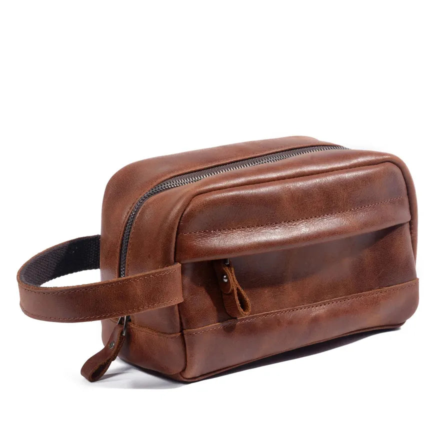 JMT-341322 Retro Cowhide Make-up Wash Bag - Portable Travel Storage Bag with Zipper Closure