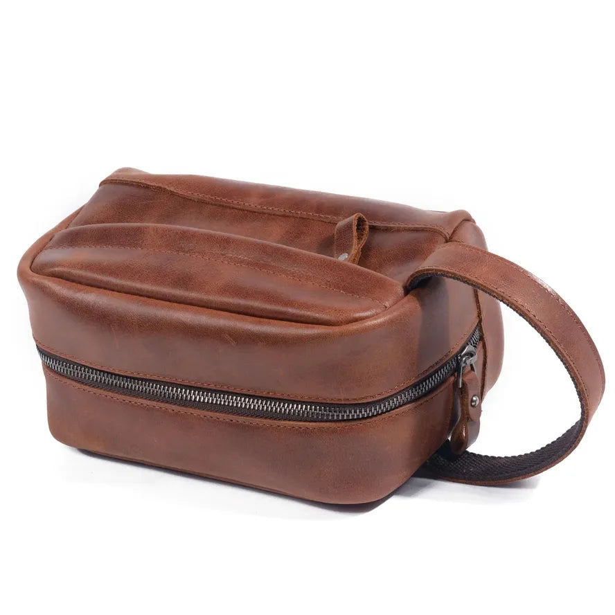 JMT-341322 Retro Cowhide Make-up Wash Bag - Portable Travel Storage Bag with Zipper Closure