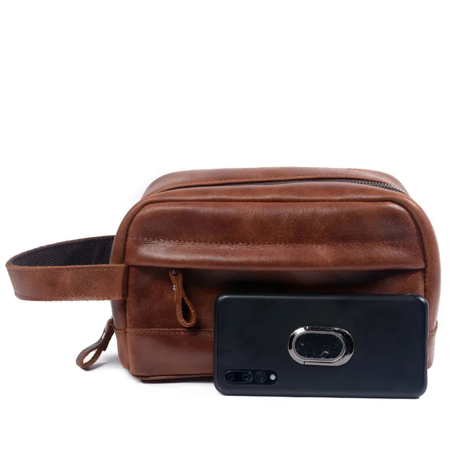 JMT-341322 Retro Cowhide Make-up Wash Bag - Portable Travel Storage Bag with Zipper Closure