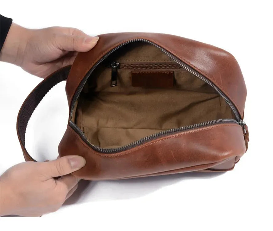 JMT-341322 Retro Cowhide Make-up Wash Bag - Portable Travel Storage Bag with Zipper Closure