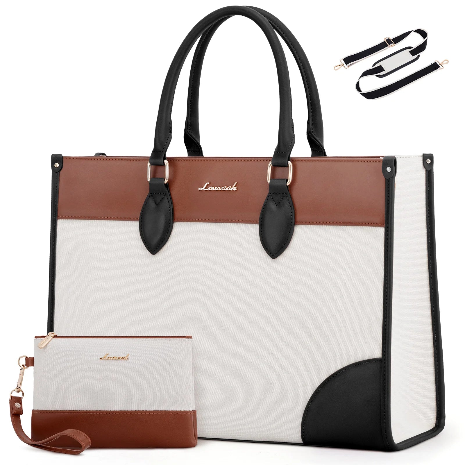 JMT-343306 Waterproof 15.6 in Canvas PU Leather Work Bag Set for Laptop and Office Use - Stylish Tote and Shoulder Handbag for Women