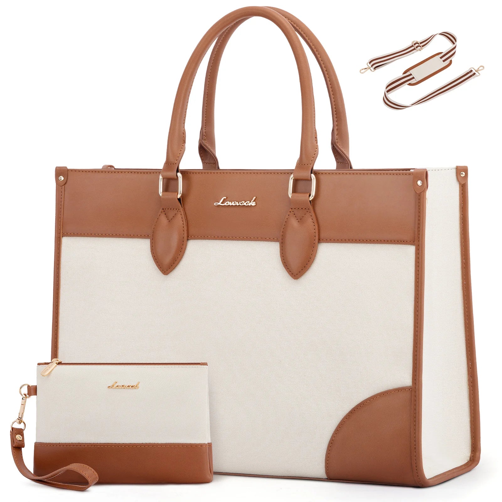 JMT-343306 Waterproof 15.6 in Canvas PU Leather Work Bag Set for Laptop and Office Use - Stylish Tote and Shoulder Handbag for Women