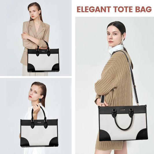 JMT-343306 Waterproof 15.6 in Canvas PU Leather Work Bag Set for Laptop and Office Use - Stylish Tote and Shoulder Handbag for Women