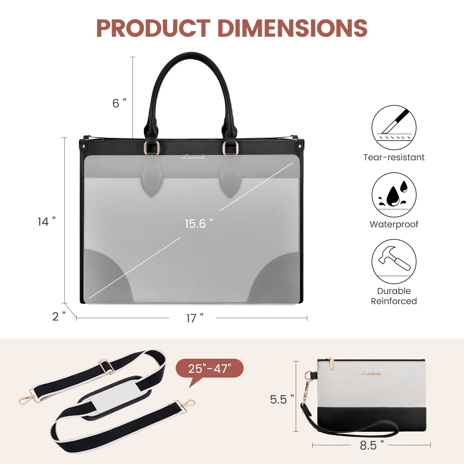 JMT-343306 Waterproof 15.6 in Canvas PU Leather Work Bag Set for Laptop and Office Use - Stylish Tote and Shoulder Handbag for Women