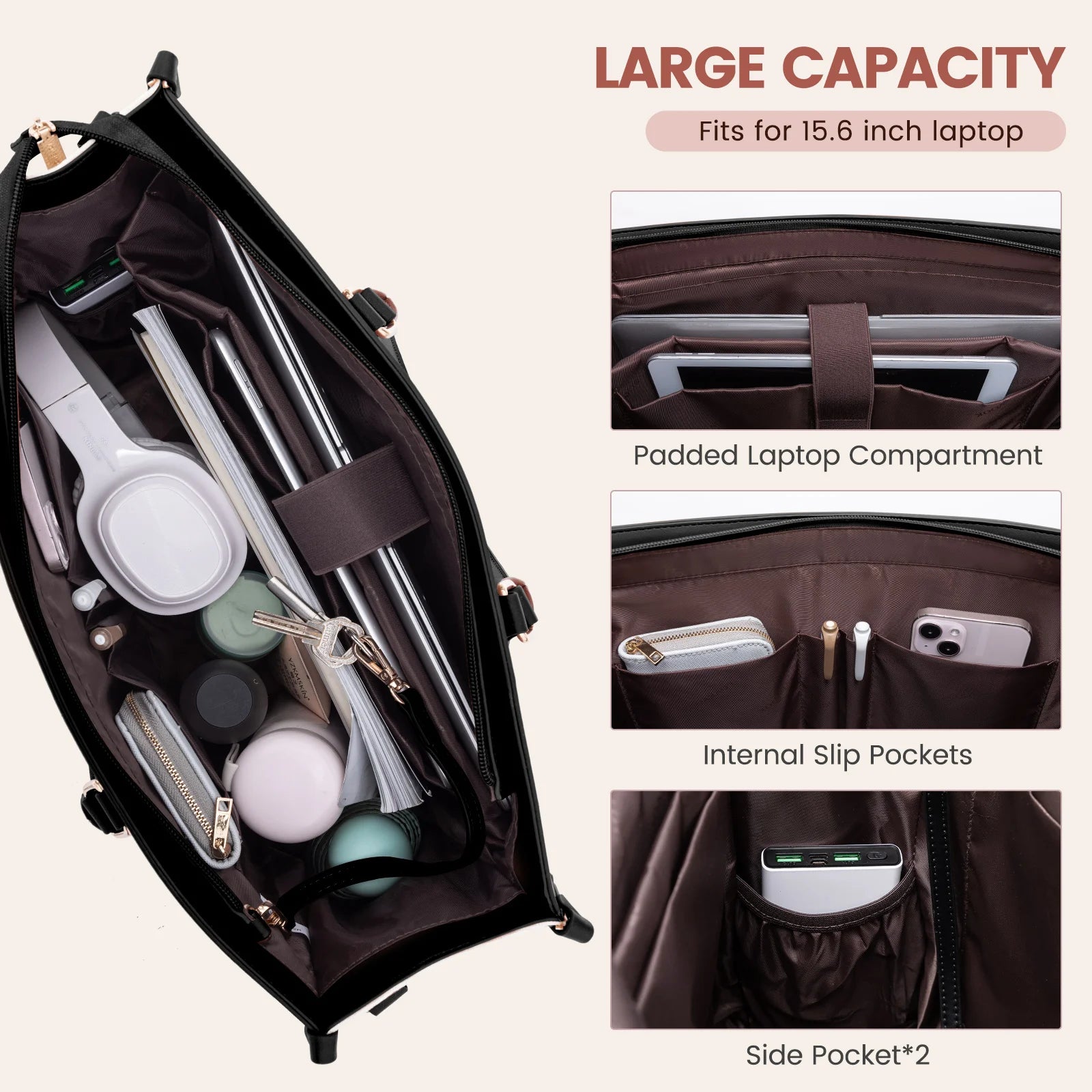 JMT-343306 Waterproof 15.6 in Canvas PU Leather Work Bag Set for Laptop and Office Use - Stylish Tote and Shoulder Handbag for Women