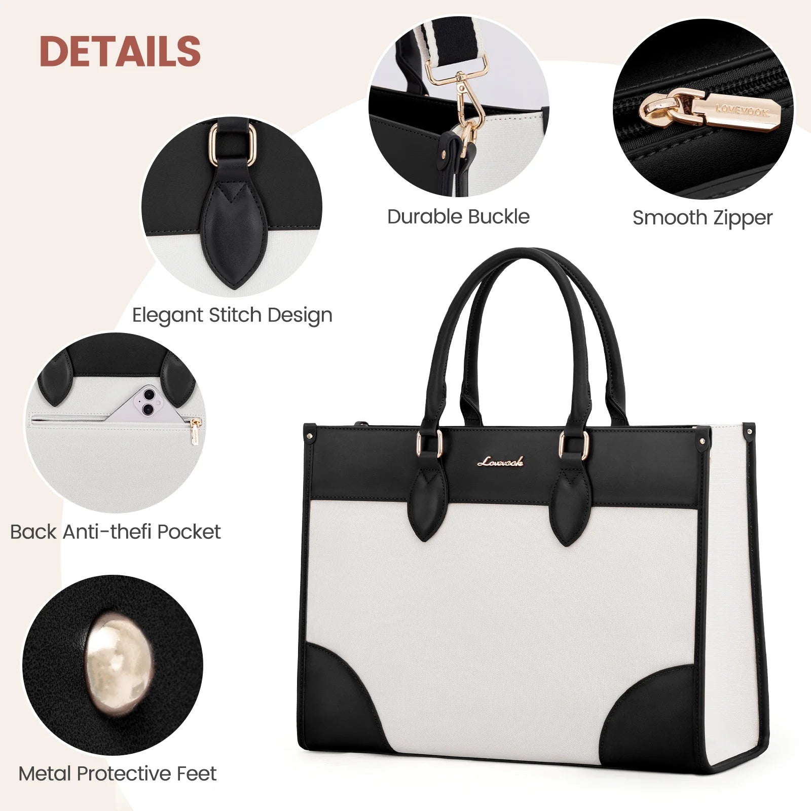 JMT-343306 Waterproof 15.6 in Canvas PU Leather Work Bag Set for Laptop and Office Use - Stylish Tote and Shoulder Handbag for Women