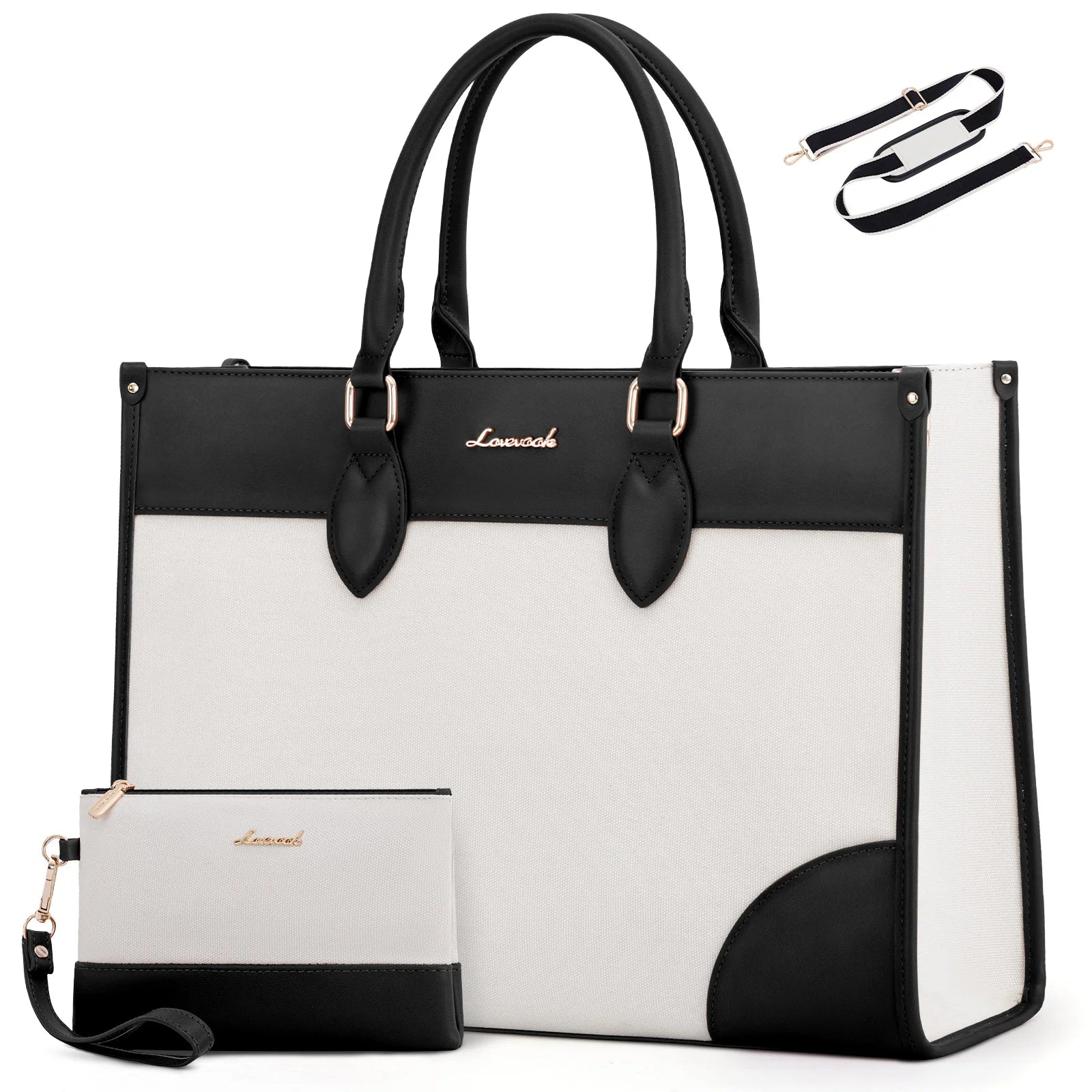 JMT-343306 Waterproof 15.6 in Canvas PU Leather Work Bag Set for Laptop and Office Use - Stylish Tote and Shoulder Handbag for Women