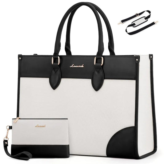 JMT-343306 Waterproof 15.6 in Canvas PU Leather Work Bag Set for Laptop and Office Use - Stylish Tote and Shoulder Handbag for Women