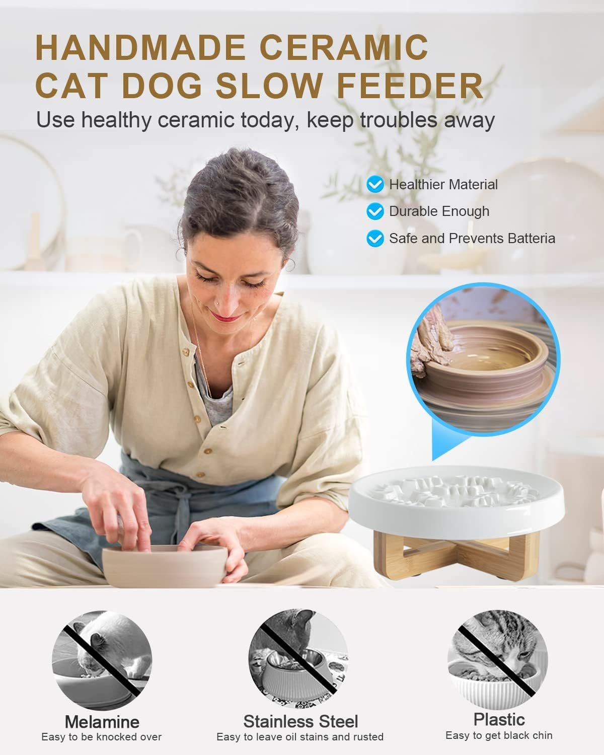 JMT-343754 Ceramic Slow Feed Pet Bowl for Cats and Small Dogs - Promotes Healthy Eating Habits