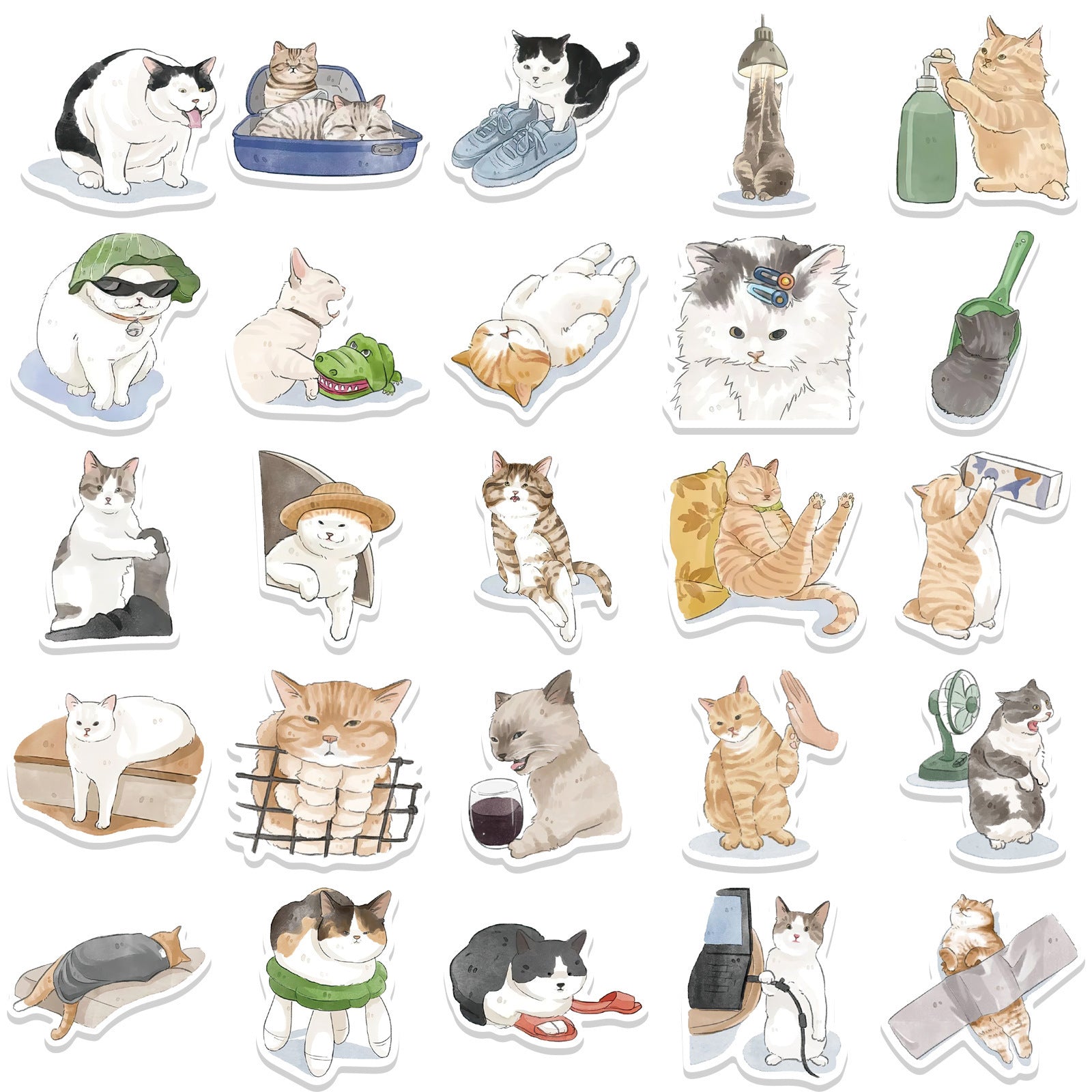 JMT-344202 Cute Cartoon Watercolor Cat Stickers Set - 53 Pieces for Luggage, Computers, and Phones