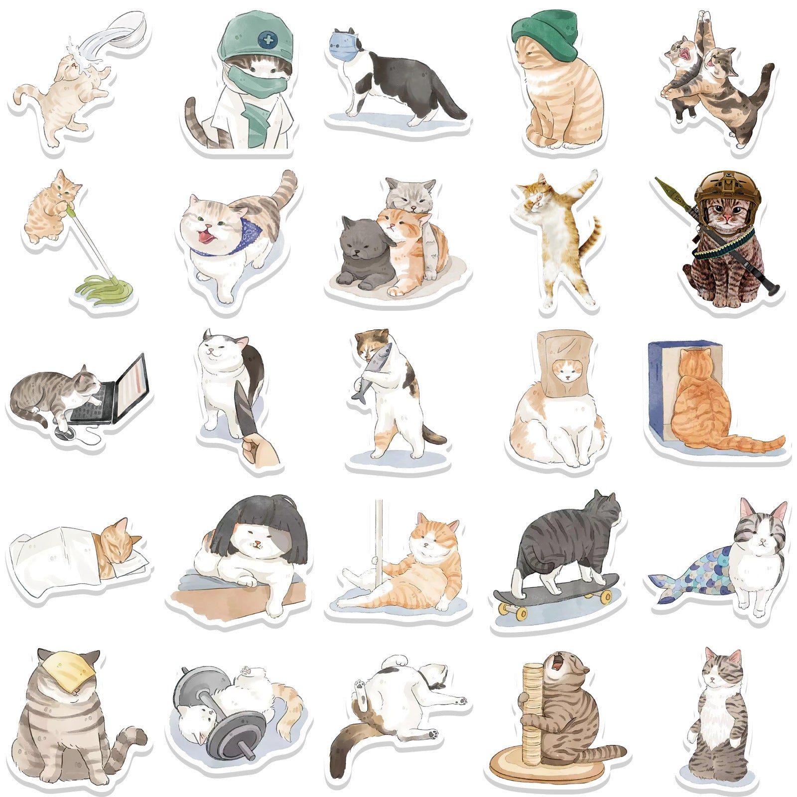 JMT-344202 Cute Cartoon Watercolor Cat Stickers Set - 53 Pieces for Luggage, Computers, and Phones