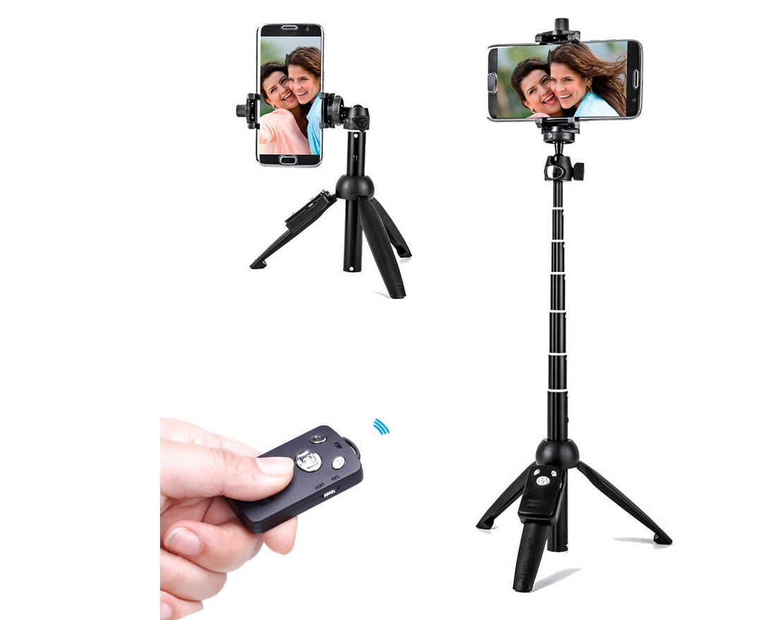 JMT-344586 Adjustable Selfie Stick Tripod for Mobile Phones, Collapsible Aluminum Alloy, Black, Compatible with iPhone Models