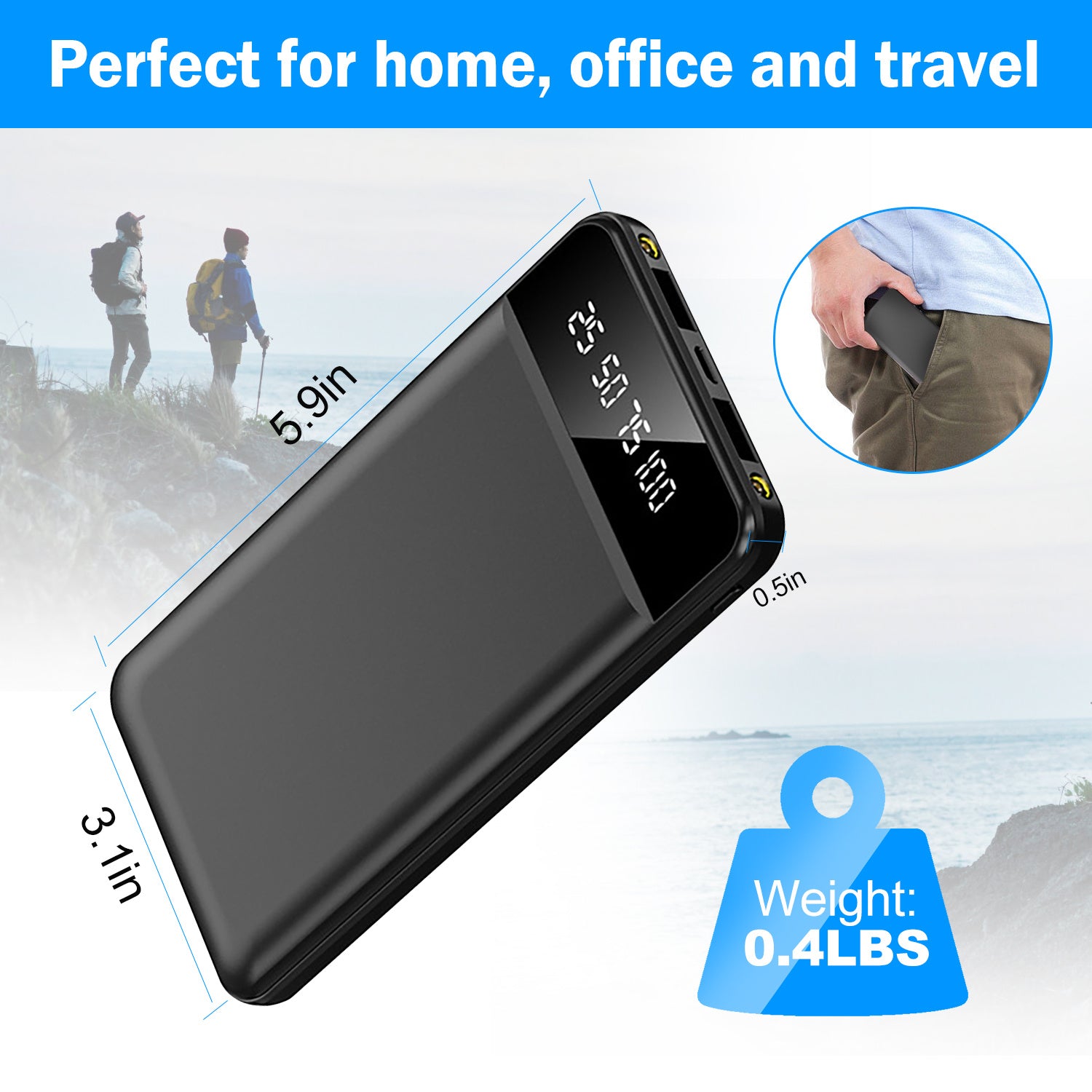 JMT-344906 10000mAh Portable Power Bank Ultra Slim External Battery Pack with Dual USB Outputs and LED Flashlight