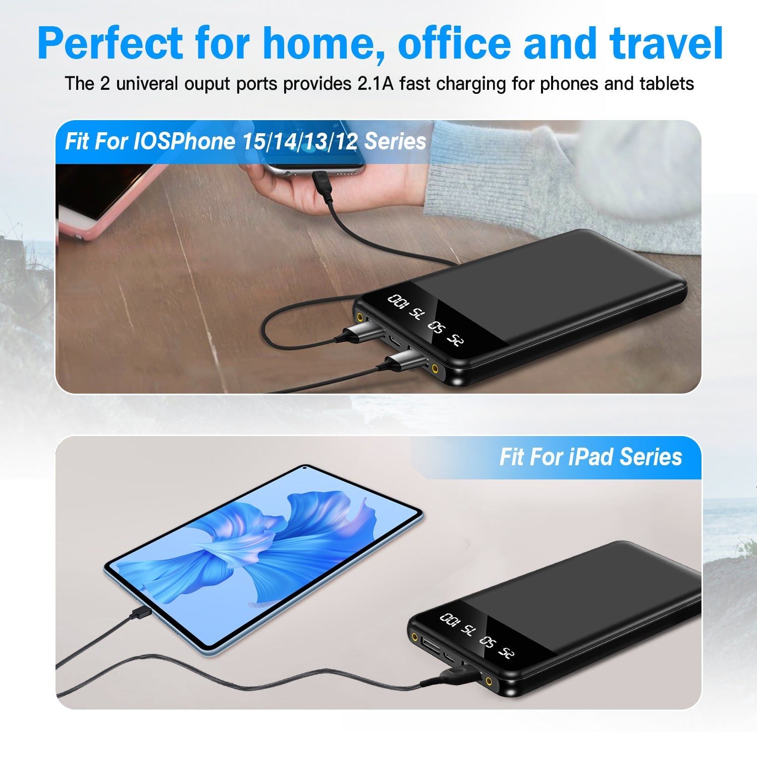 JMT-344906 10000mAh Portable Power Bank Ultra Slim External Battery Pack with Dual USB Outputs and LED Flashlight