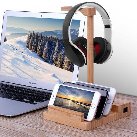 JMT-345866 Solid Wood Earphone Stand with Round Carving and Spray Finish for Elegant Home Decoration