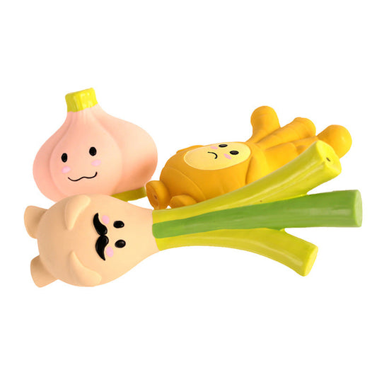 JMT-347018 Ginger Garlic Dog Latex Sound Toy - Three Fun Styles: Mr. Green Onion, Yellow Ginger, and Powdered Garlic