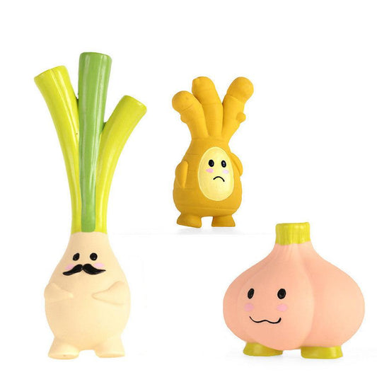 JMT-347018 Ginger Garlic Dog Latex Sound Toy - Three Fun Styles: Mr. Green Onion, Yellow Ginger, and Powdered Garlic