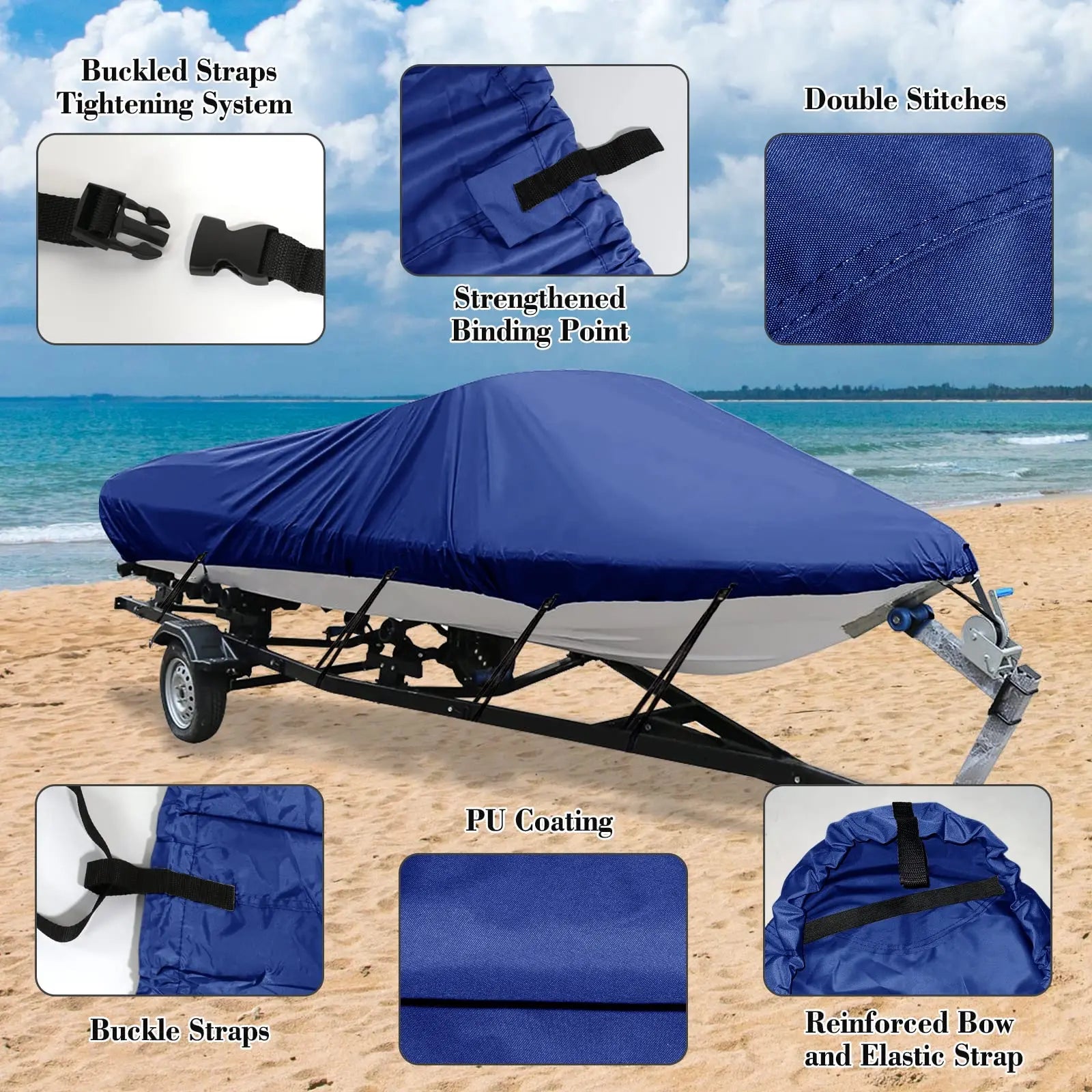 JMT-348810 Heavy Duty 600D Polyester Waterproof UV Resistant V-Hull Tri-Hull Boat Cover with Storage Bag