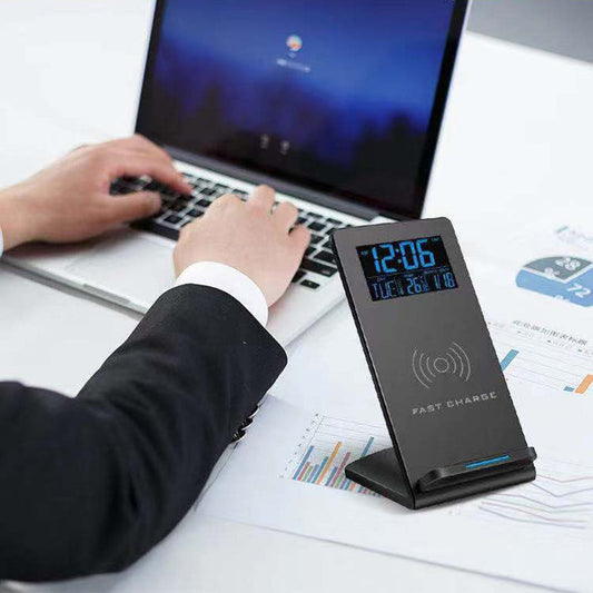 JMT-348874 Wireless Charging Alarm Clock with Mobile Phone Holder, LCD Display, Built-In Temperature Sensor, and Perpetual Calendar