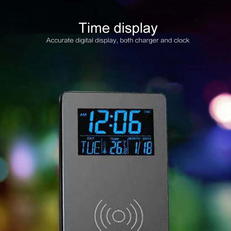 JMT-348874 Wireless Charging Alarm Clock with Mobile Phone Holder, LCD Display, Built-In Temperature Sensor, and Perpetual Calendar