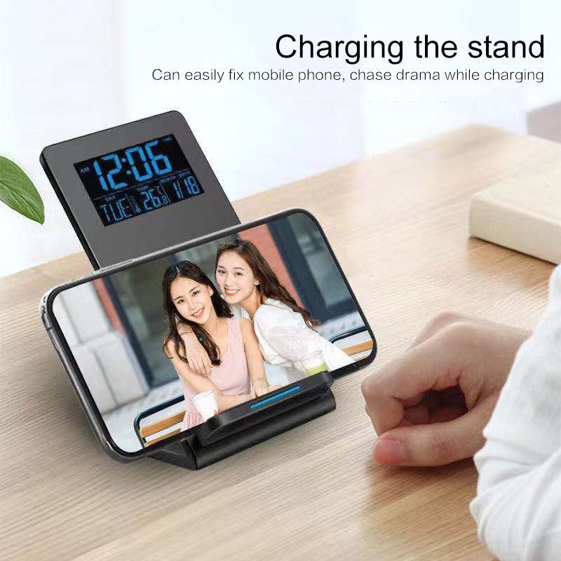 JMT-348874 Wireless Charging Alarm Clock with Mobile Phone Holder, LCD Display, Built-In Temperature Sensor, and Perpetual Calendar