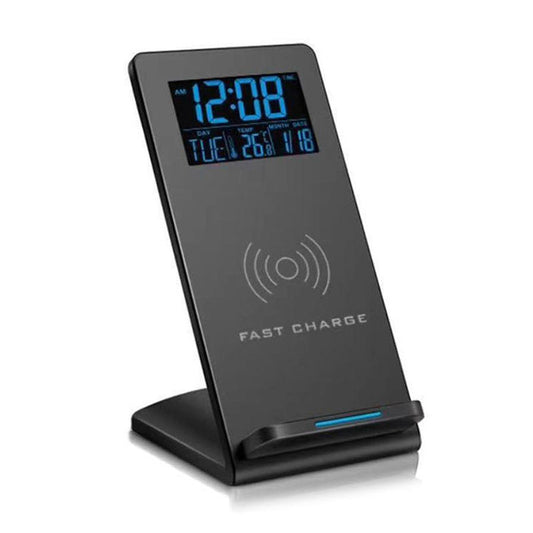 JMT-348874 Wireless Charging Alarm Clock with Mobile Phone Holder, LCD Display, Built-In Temperature Sensor, and Perpetual Calendar