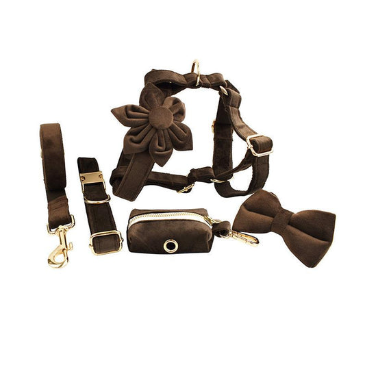 JMT-349514 Velvet Fabric Dog Collar with Leash, Bow, Flower, Vest, and Poop Bag - Adjustable Sizes XS to XL