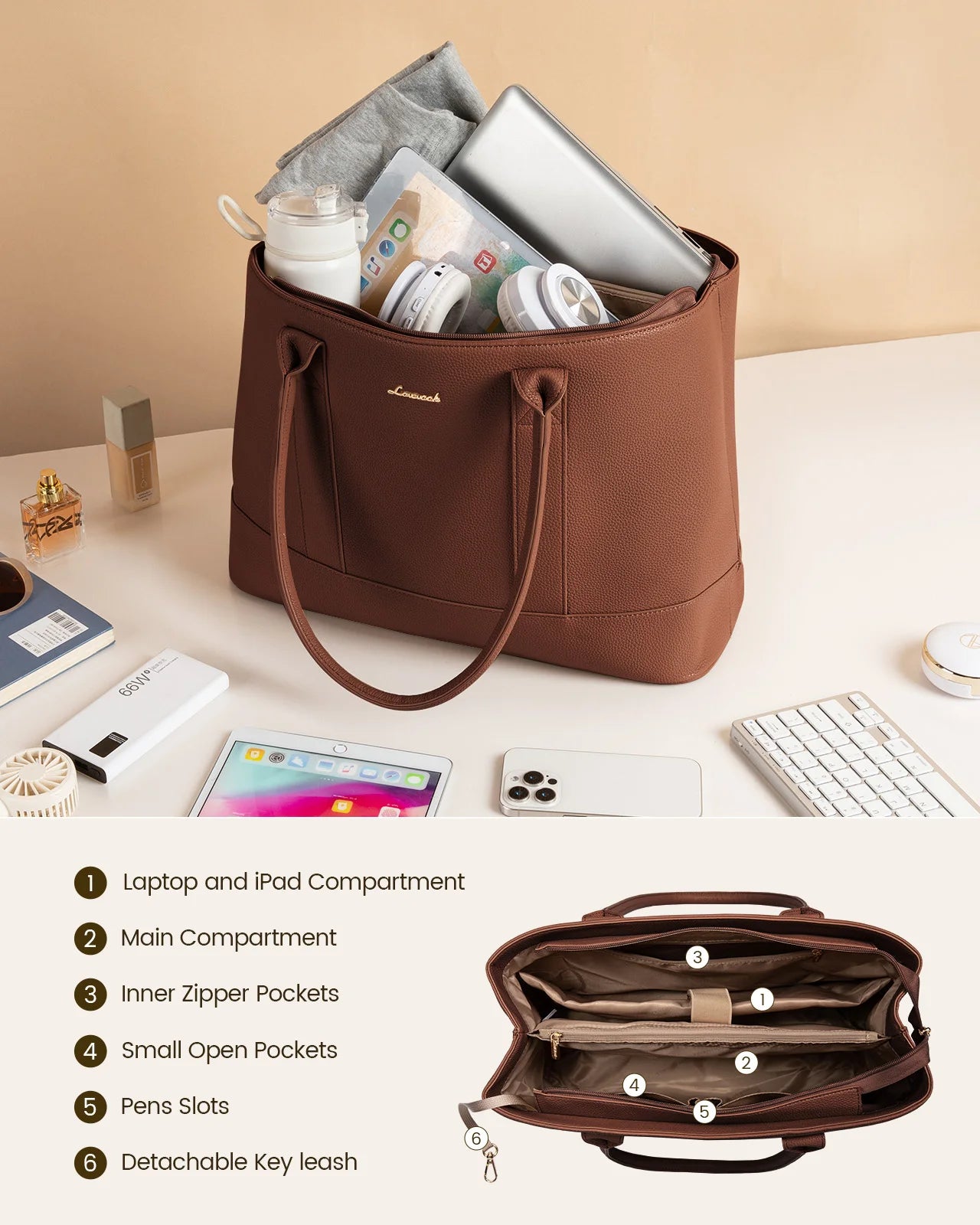 JMT-350154 Stylish Soft Leather Laptop Tote Bag for Women, 17-inch Office Briefcase and Shoulder Purse