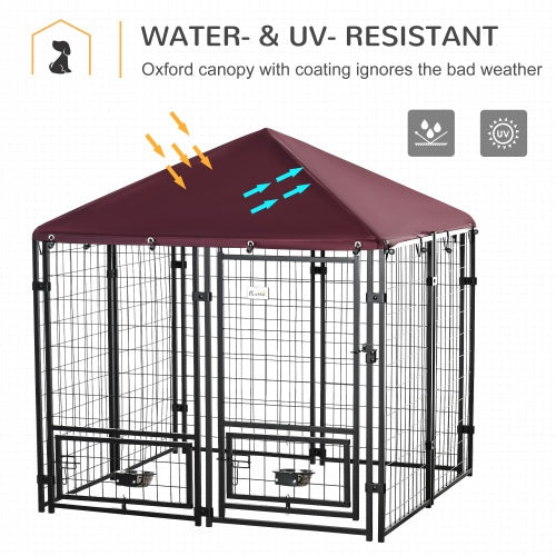 JMT-351498 PawHut Outdoor Pet Playpen with Rotating Bowl Rack and Waterproof Awning, 5' x 5' x 5', Heavy-Duty Welded Steel Design