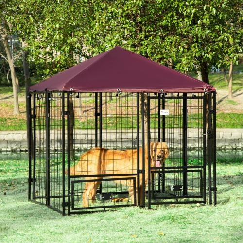 JMT-351498 PawHut Outdoor Pet Playpen with Rotating Bowl Rack and Waterproof Awning, 5' x 5' x 5', Heavy-Duty Welded Steel Design