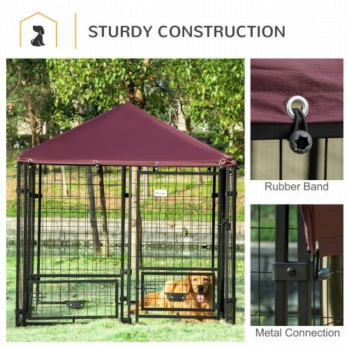 JMT-351498 PawHut Outdoor Pet Playpen with Rotating Bowl Rack and Waterproof Awning, 5' x 5' x 5', Heavy-Duty Welded Steel Design
