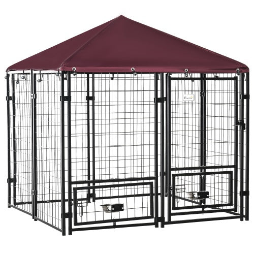 JMT-351498 PawHut Outdoor Pet Playpen with Rotating Bowl Rack and Waterproof Awning, 5' x 5' x 5', Heavy-Duty Welded Steel Design