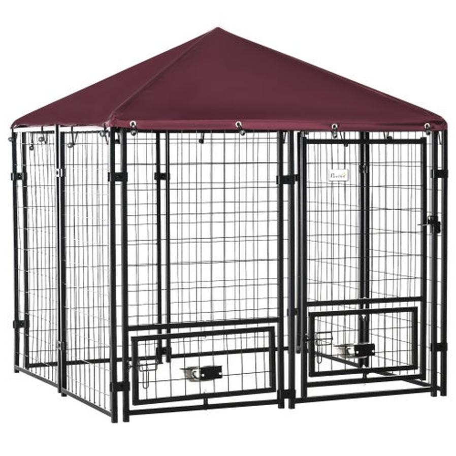 JMT-351498 PawHut Outdoor Pet Playpen with Rotating Bowl Rack and Waterproof Awning, 5' x 5' x 5', Heavy-Duty Welded Steel Design