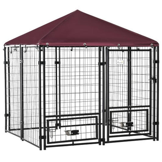 JMT-351498 PawHut Outdoor Pet Playpen with Rotating Bowl Rack and Waterproof Awning, 5' x 5' x 5', Heavy-Duty Welded Steel Design