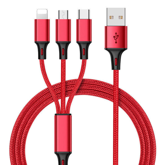 JMT-351818 3-in-1 Braided Universal USB Data Cable for iPhone, Android, and Type-C Devices, 1.25m