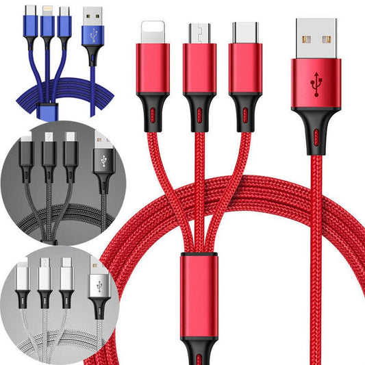 JMT-351818 3-in-1 Braided Universal USB Data Cable for iPhone, Android, and Type-C Devices, 1.25m