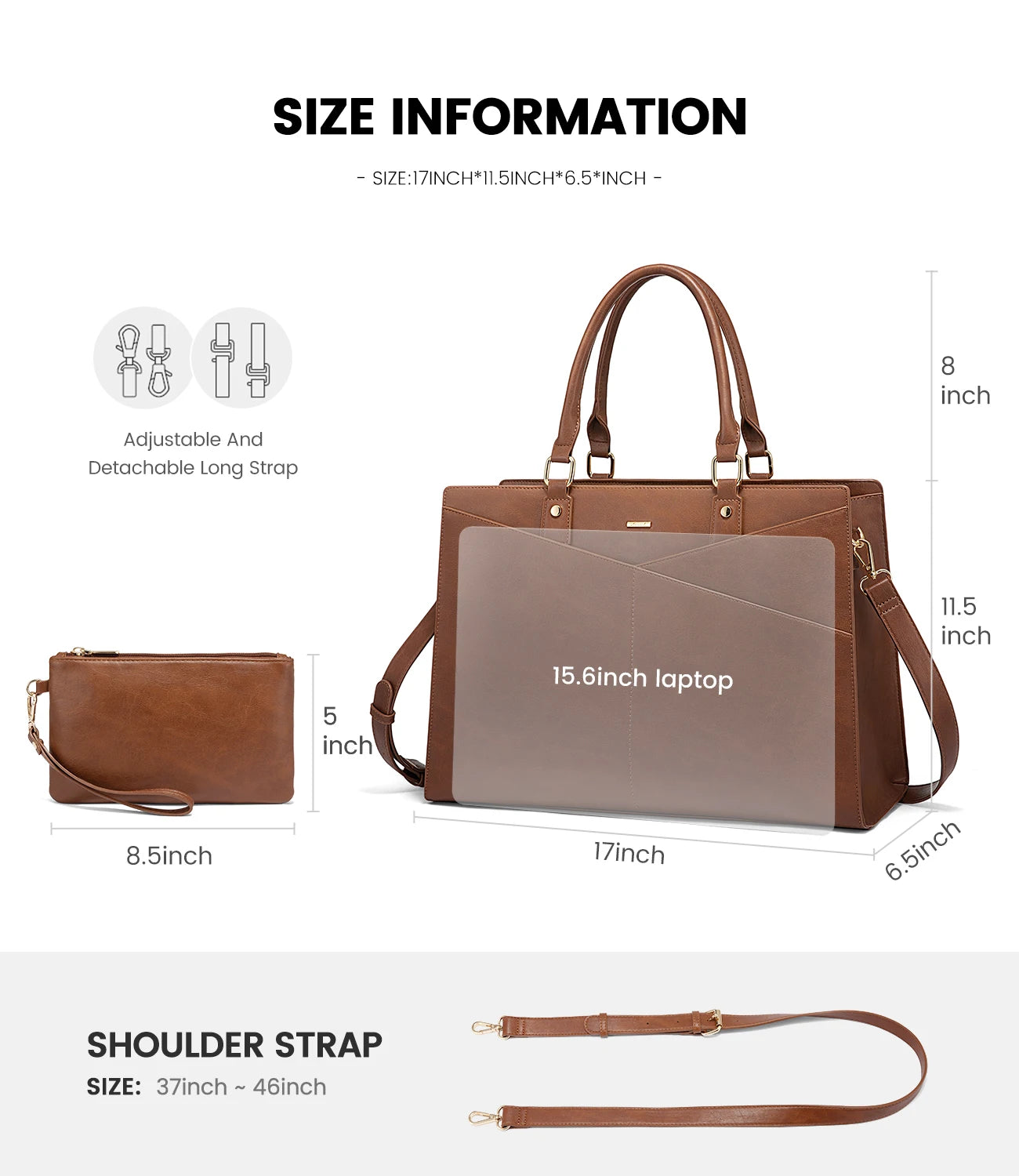 JMT-352458 Stylish 15.6 Inch Laptop Tote Bag for Women - PU Leather Work and Travel Shoulder Bag