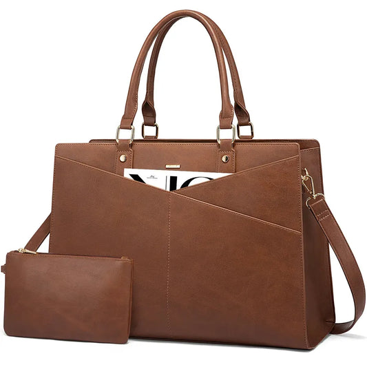 JMT-352458 Stylish 15.6 Inch Laptop Tote Bag for Women - PU Leather Work and Travel Shoulder Bag