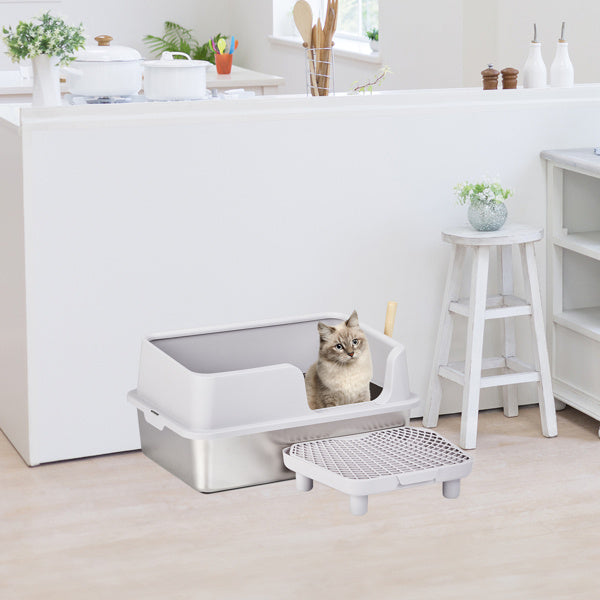 JMT-352650 Stainless Steel Cat Litter Box with Plastic Enclosure and Litter Spatula - Grey, 61x40x33CM