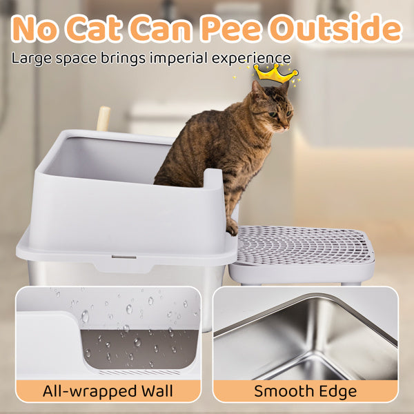 JMT-352650 Stainless Steel Cat Litter Box with Plastic Enclosure and Litter Spatula - Grey, 61x40x33CM