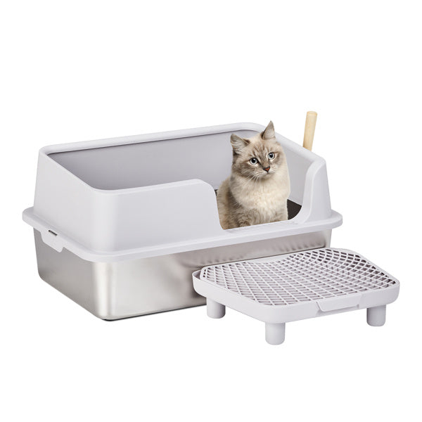 JMT-352650 Stainless Steel Cat Litter Box with Plastic Enclosure and Litter Spatula - Grey, 61x40x33CM