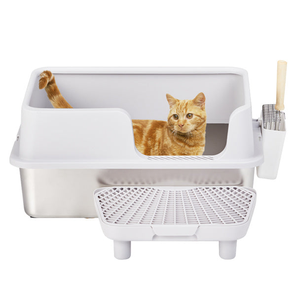 JMT-352650 Stainless Steel Cat Litter Box with Plastic Enclosure and Litter Spatula - Grey, 61x40x33CM