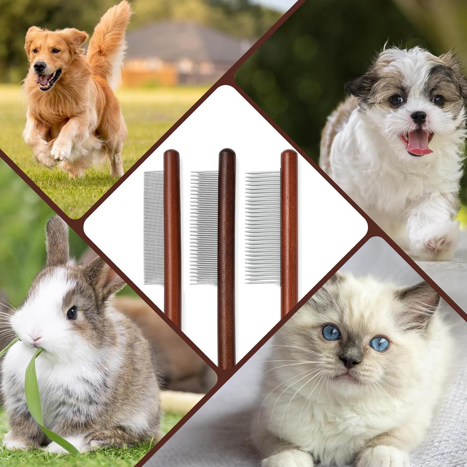 JMT-353610 Pet Grooming Comb with Wooden Handle for Long and Short Haired Dogs, Cats, and Other Pets