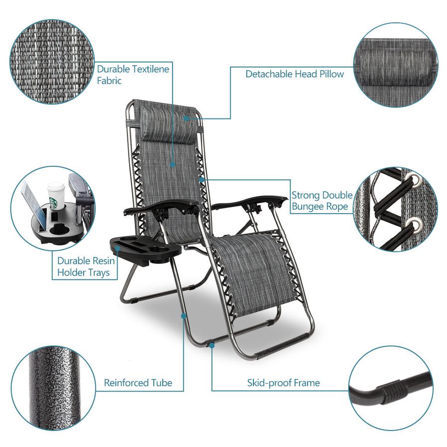JMT-353674 Adjustable Folding Lounger Set with Pillow and Tray for Outdoor Relaxation, Grey