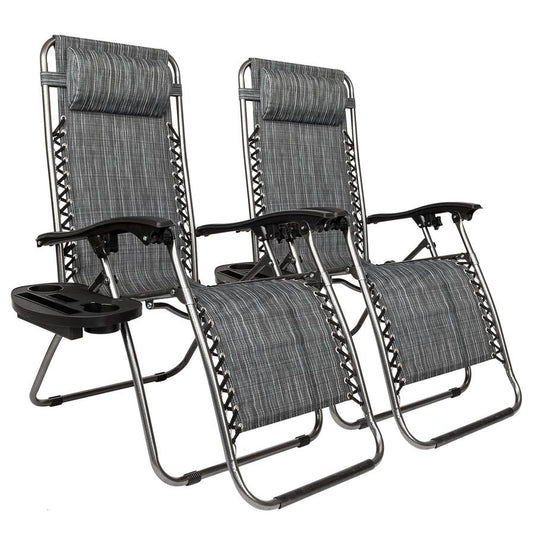 JMT-353674 Adjustable Folding Lounger Set with Pillow and Tray for Outdoor Relaxation, Grey