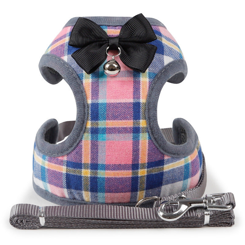 JMT-354122 Plaid Small Dog Vest-style Harness with Leash, Made of Napped and Mesh Cloth