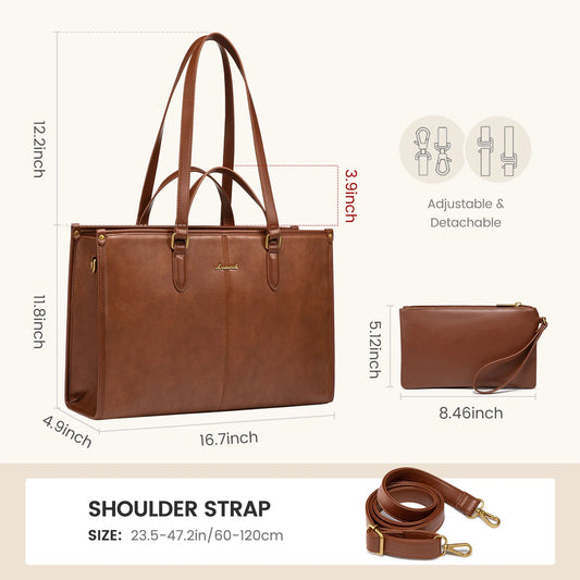 JMT-354762 Vintage Leather Laptop Bag for Women, 15.6-17 Inch Office Briefcase and Shoulder Tote Handbag