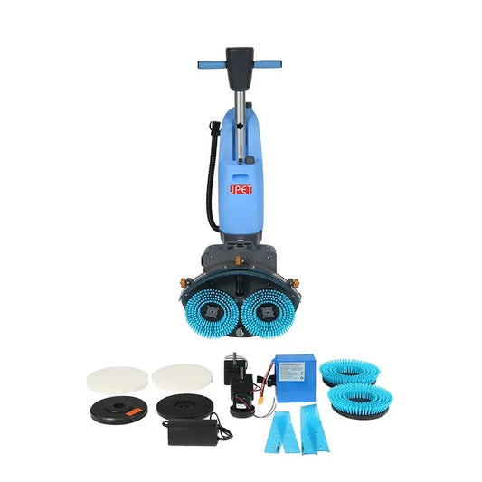 JMT-355402 Commercial Battery-Powered Dual-Brush Walk-Behind Floor Scrubber Dryer - 18 Inch Cleaning Machine
