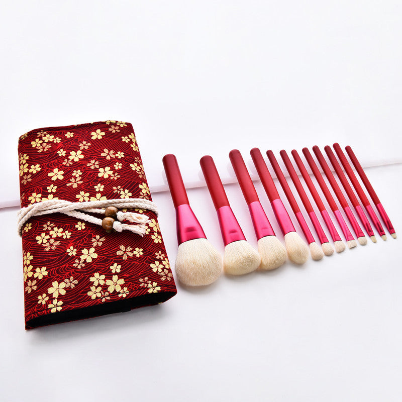 JMT-356362 Red Makeup Brush Set with Wooden Handle - 12pcs Professional Quality Tools for Easy Application