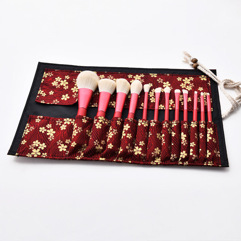 JMT-356362 Red Makeup Brush Set with Wooden Handle - 12pcs Professional Quality Tools for Easy Application